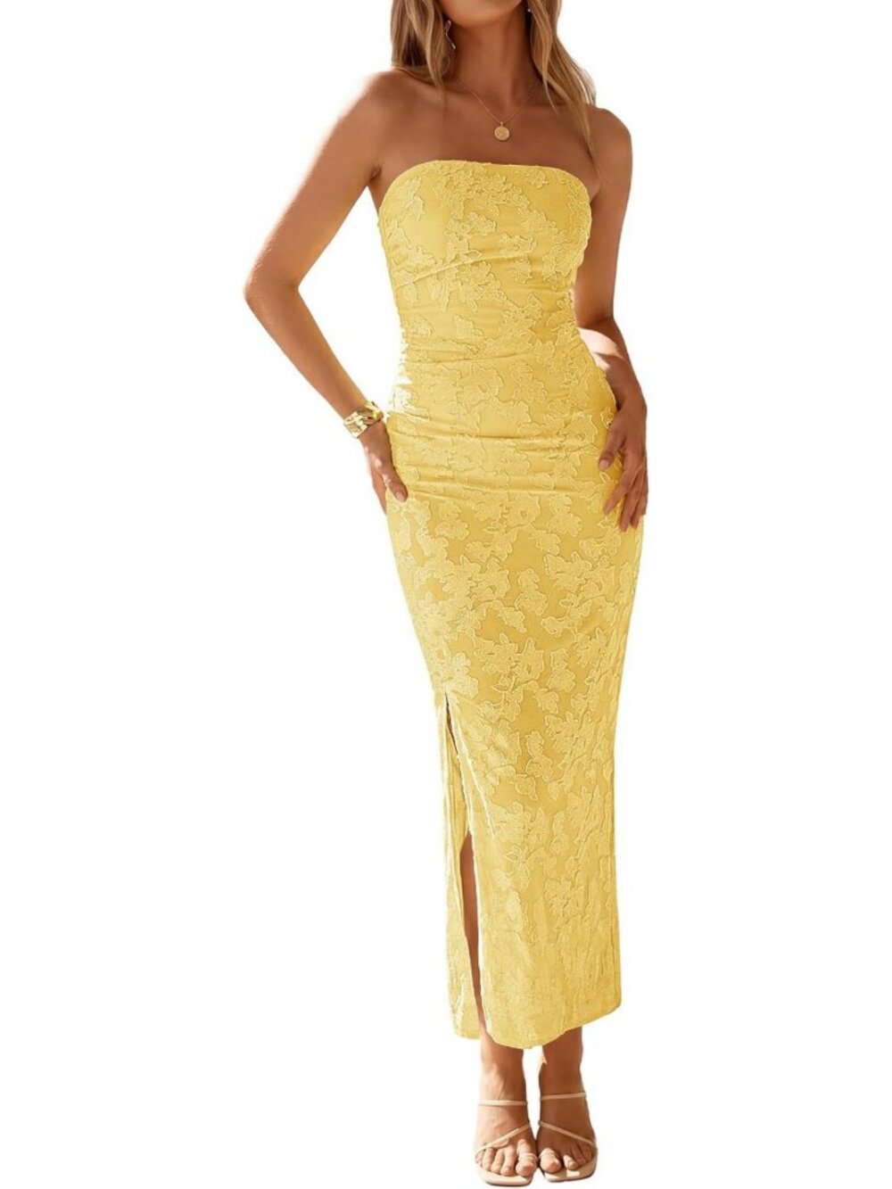 Summer Floral Strapless Bodycon Maxi Dress with Ruched Slit - Formal Evening